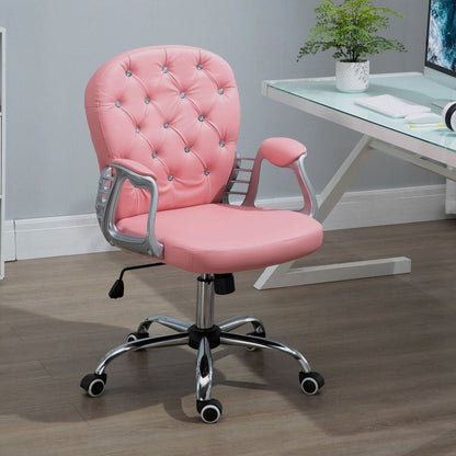 PU Leather Home Office Chair, Button Tufted Desk Chair with Padded Armrests, Adjustable Height and Swivel Wheels, Pink