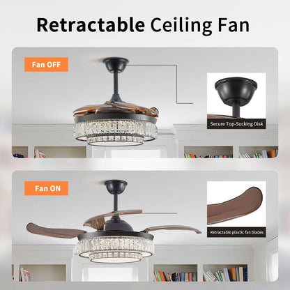 Contemporary LED Retractable Ceiling Fan with Light and Remote Control, Quiet Reversible Motor,4 Blades Modern Ceiling Fans for Kitchen Bedroom Dining Room Patio