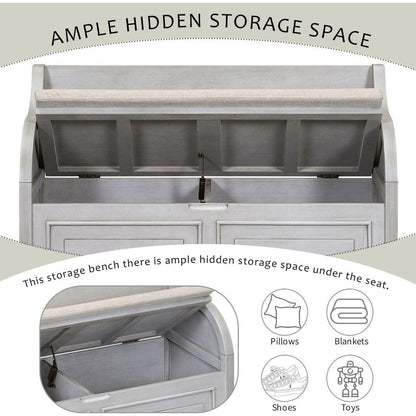 Rustic Style Solid wood Entryway Multifunctional Storage Bench with Safety Hinge (Gray Wash+ Beige)