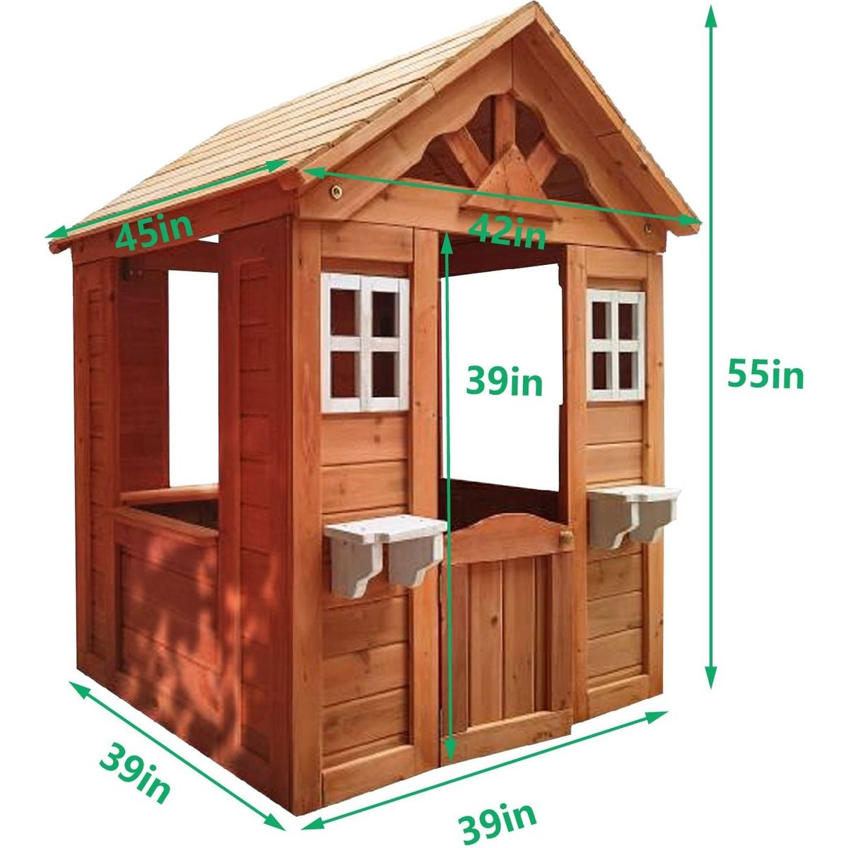 Wooden Kids Playhouse with 2 windows and flowerpot holder,42"Lx46"Wx55"H,Golden Red