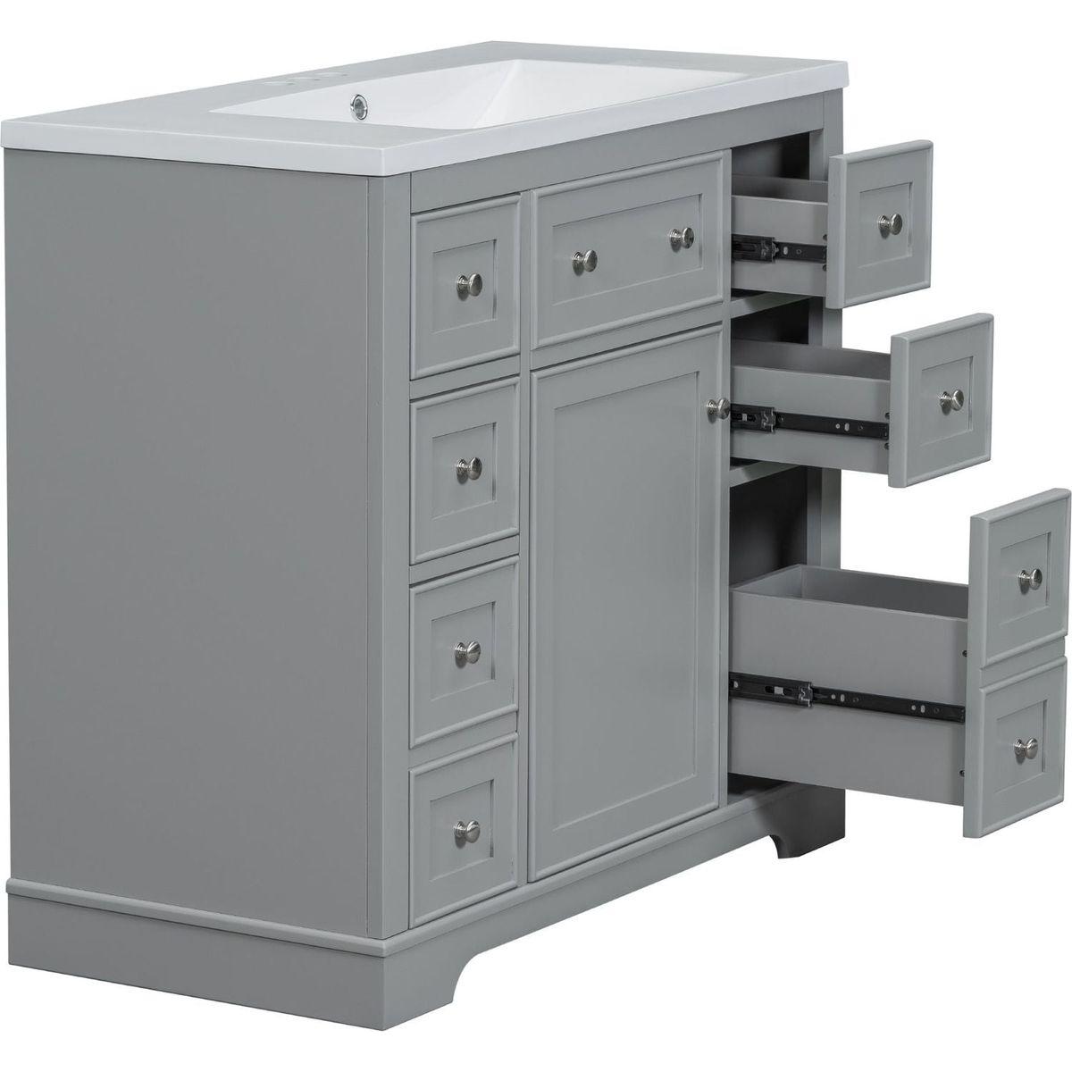 36" Bathroom Vanity with Sink Combo, One Cabinet and Six Drawers, Solid Wood and MDF Board, Grey