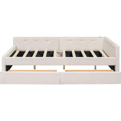 Full Size Upholstered Platform Bed with USB and 2 Drawers, Beige