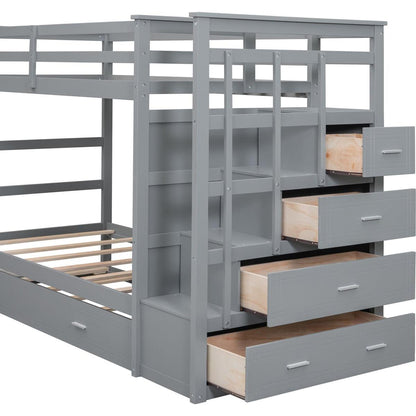 Twin Over Twin Bunk Bed with Trundle and Staircase,Gray