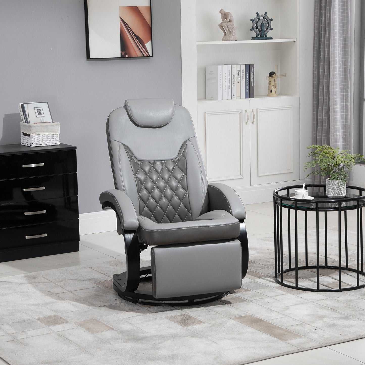 PU Recliner Armchair with Footrest, Headrest, and Round Steel/Wood Base