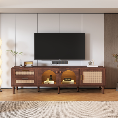 Rattan TV Stand with 3 Cabinets & 2 Drawers, Rattan-inspired Media Console Table for TVs up to 80", LED Light Entertainment Center, TV cabinet for Living room, Bedroom, Home Theatre - Streamdale Furniture