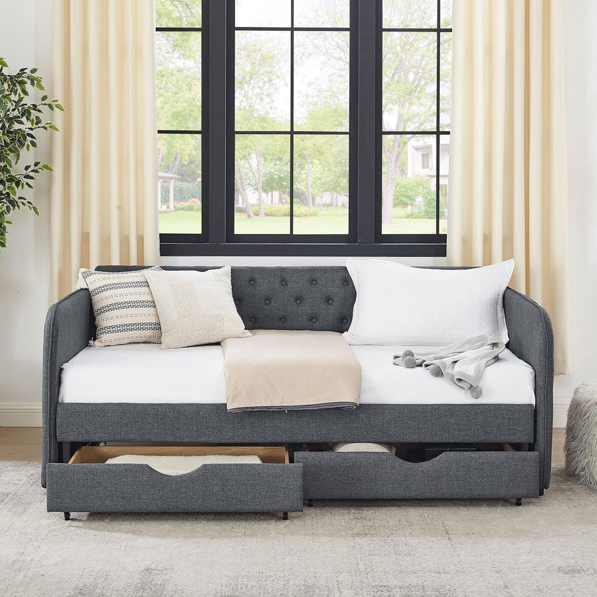 Twin Size Upholstery Daybed with Trundle Bed and Two Storage Drawers, Flat Arms with Pocket, Extendable Daybed for Bedroom Living Room,Linen Dark Gray