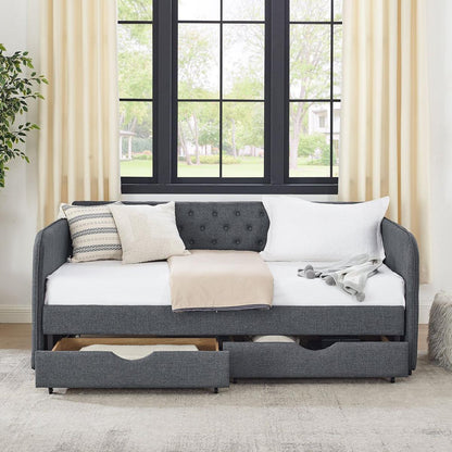Twin Size Upholstery Daybed with Trundle Bed and Two Storage Drawers, Flat Arms with Pocket, Extendable Daybed for Bedroom Living Room,Linen Dark Gray