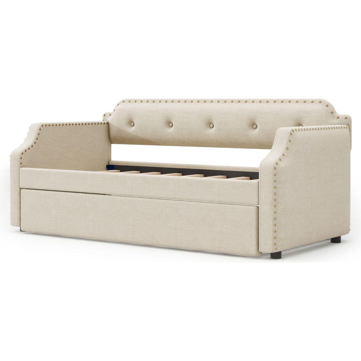 Upholstered Daybed with Trundle, Wood Slat Support,Upholstered Frame Sofa Bed, Twin, Beige
