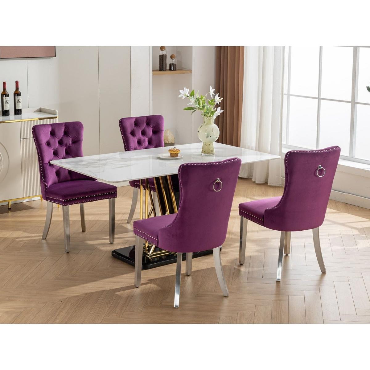 Nikki Collection Modern, High-end Tufted Solid Wood Contemporary Velvet Upholstered Dining Chair with Chrome Stainless Steel Plating Legs,Nailhead Trim,Set of 2,Purple and Chrome