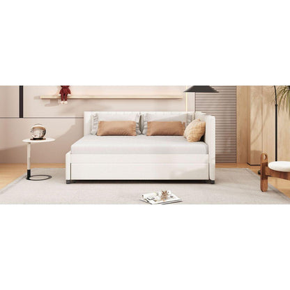 Full Size Upholstered Daybed with Trundle Sofa Bed Frame No Box Spring Needed, Linen Fabric(Beige)