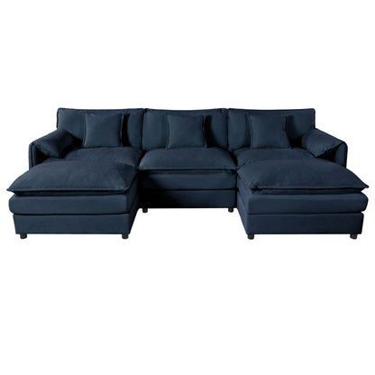 Modular Oversized Deep Seat U Shaped Couch Set with Movable Ottomans, Chenille Blue, 3-Seater Comfy Cloud Sofa