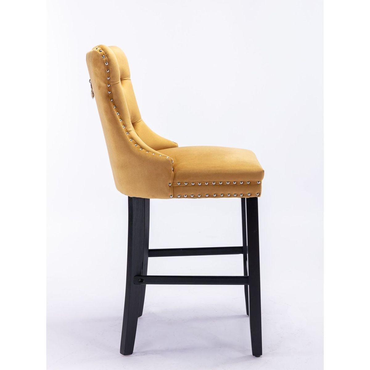 Contemporary Velvet Upholstered Barstools with Button Tufted Decoration and Wooden Legs, and Chrome Nailhead Trim, Leisure Style Bar Chairs,Bar stools, Set of 2 (Golden)