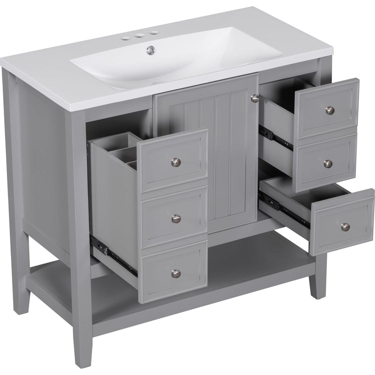 36" Bathroom Vanity with Sink Combo, One Cabinet and Three Drawers, Solid Wood and MDF Board, Grey