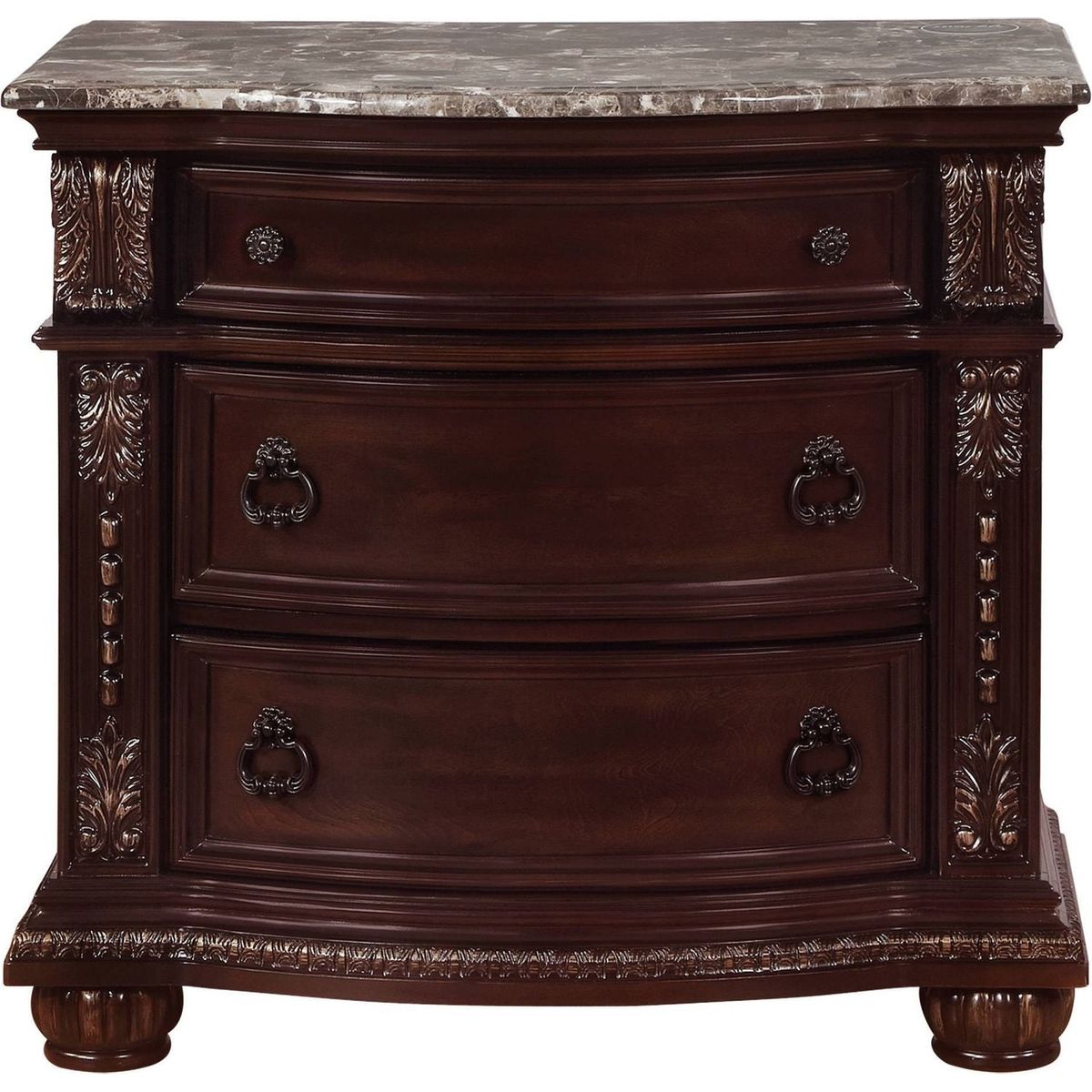 1Pc Traditional Style End Table 3-Drawer Nightstand with Marble Top Rich Brown Cherry Finish Solid Wood Wooden Bedroom