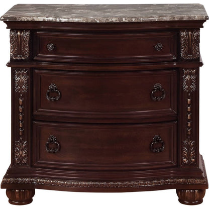 1Pc Traditional Style End Table 3-Drawer Nightstand with Marble Top Rich Brown Cherry Finish Solid Wood Wooden Bedroom