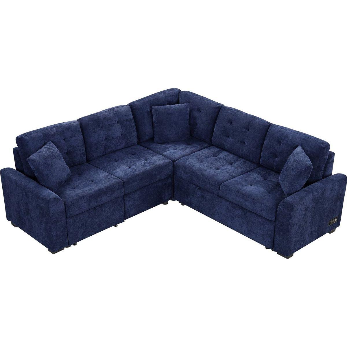 82.6" L-shape Sofa Bed Pull-out Sleeper Sofa with Wheels, USB Ports, Power Sockets for Living Room, Navy Blue