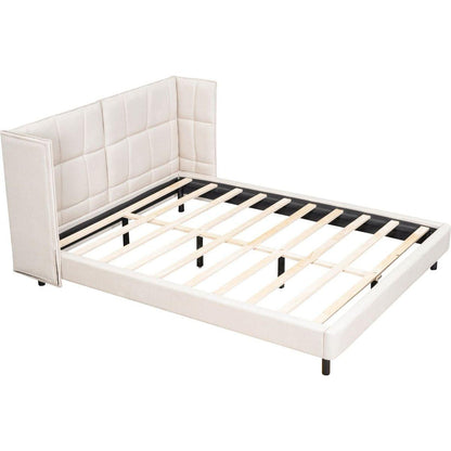 Queen Size Upholstered Platform Bed with LED Lights and U-Shaped Headboard, Linen Fabric, Beige