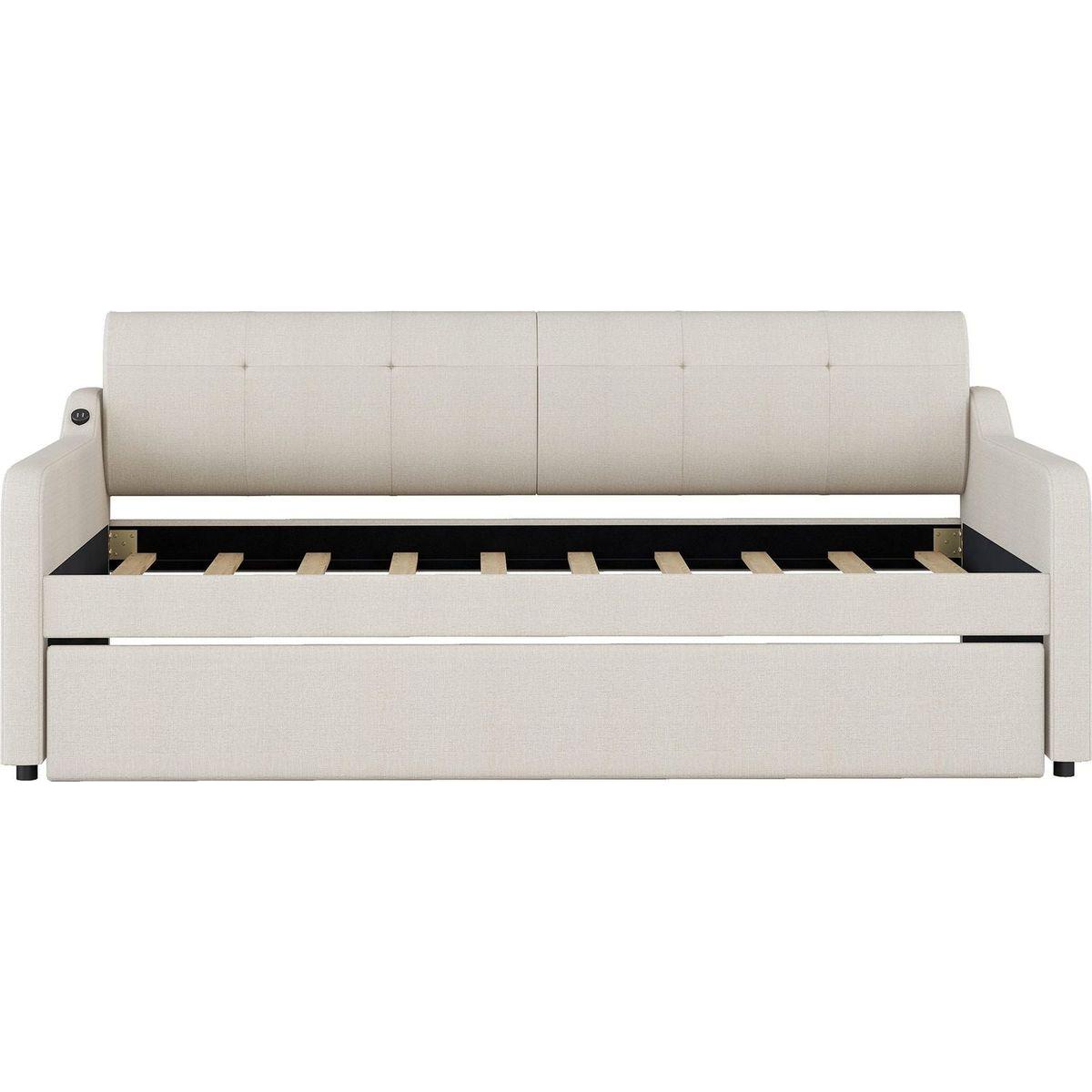 Twin Size Upholstery Daybed with Trundle and USB Charging Design,Trundle can be flat or erected,Beige