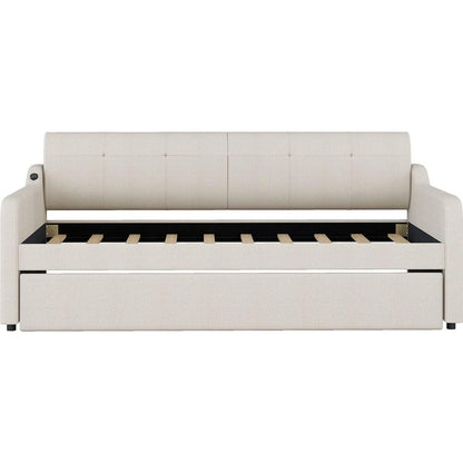 Twin Size Upholstery Daybed with Trundle and USB Charging Design,Trundle can be flat or erected,Beige
