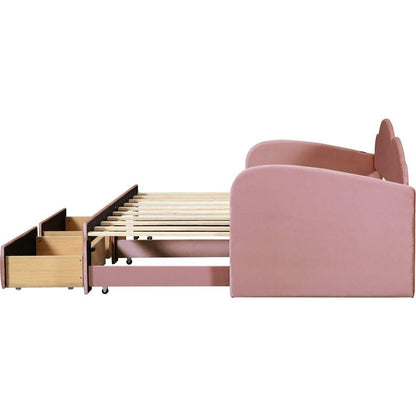 Twin Size Upholstered daybed with Cloud-Shaped Backrest, Trundle & 2 Drawers and USB Ports, Pink