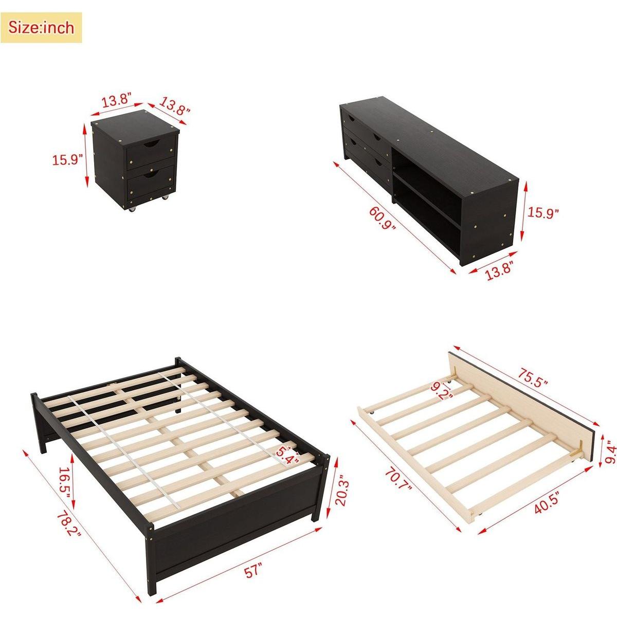 Versatile Full Bed with Trundle,Under bed Storage Box and Nightstand .Espresso