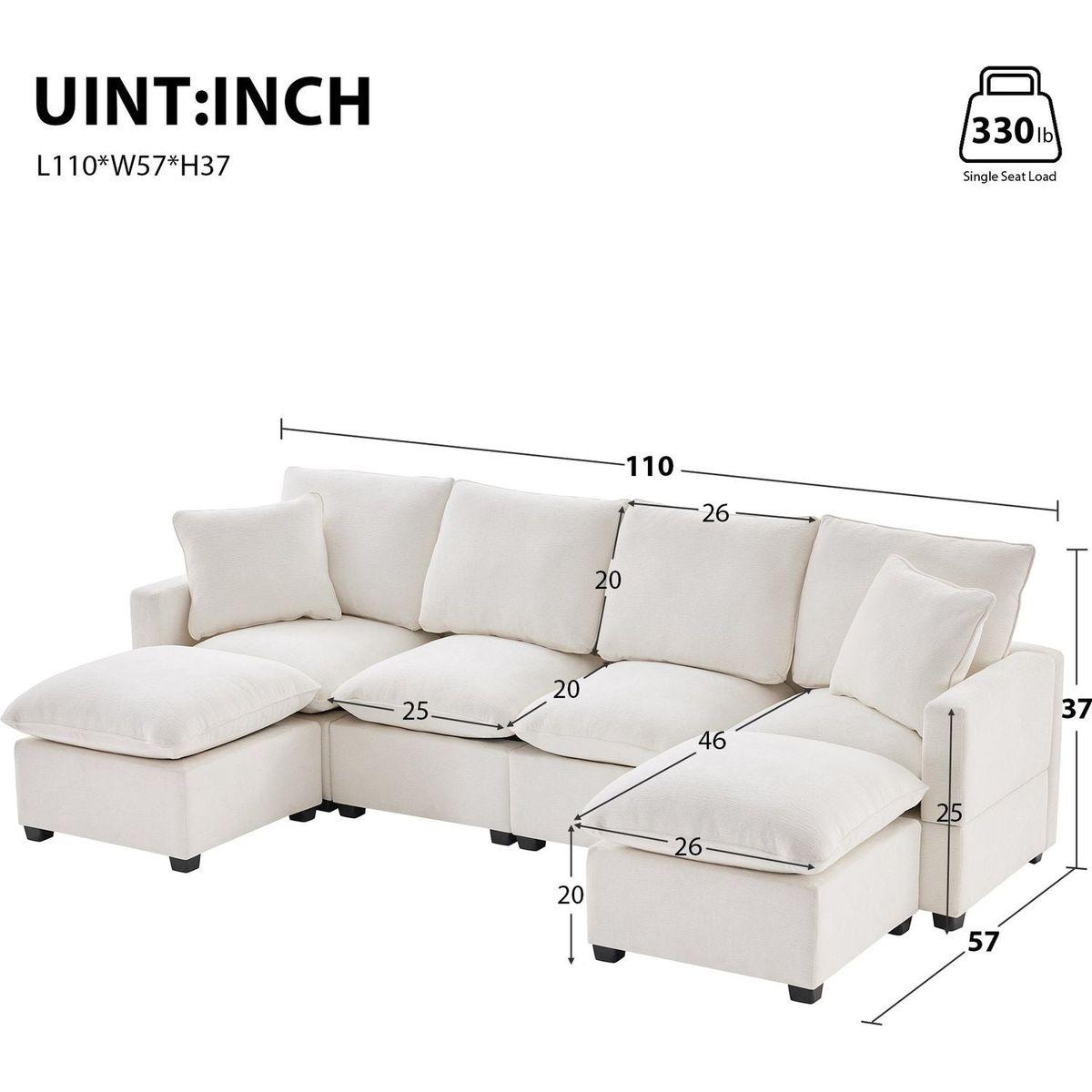 110x57" Modern U Shape Modular Sofa, 6 Seat Chenille Sectional Couch Set with 2 Pillows Included, Freely Combinable Indoor Funiture for Living Room, Apartment, Office, 2 Colors