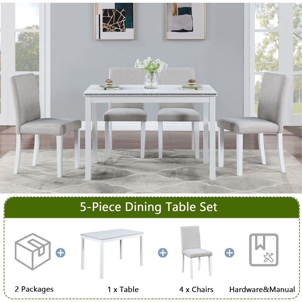 5 Piece Wooden Dining Table Set, Kitchen Table Set with a Rectangular Table and 4 Upholstered Chairs, Wooden Dining Room Table with Crystal Decoration and Chairs Set for Kitchen, Dining Room, White