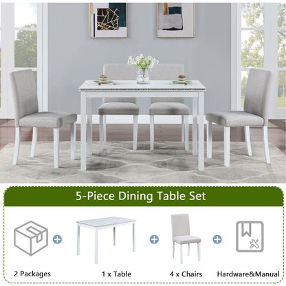 5 Piece Wooden Dining Table Set, Kitchen Table Set with a Rectangular Table and 4 Upholstered Chairs, Wooden Dining Room Table with Crystal Decoration and Chairs Set for Kitchen, Dining Room, White