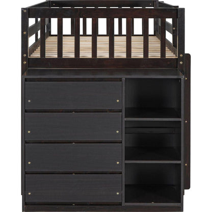 Twin over Twin Bunk Bed with 4 Drawers and 3 Shelves-Espresso