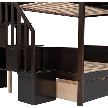 Twin over Full Bunk Bed with Shelfs, Storage Staircase and 2 Drawers, Espresso