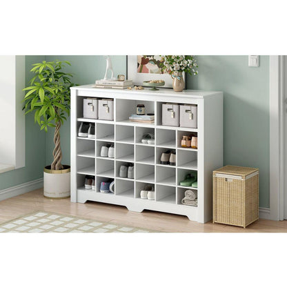 Sleek Design 24 Shoe Cubby Console, Modern Shoe Cabinet with Curved Base, Versatile Sideboard with High-quality for Hallway, Bedroom, Living Room, White