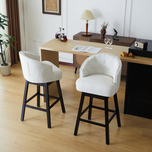 33.25" Swivel Counter Stools Set of 2, Upholstered Counter Height Bar Stools with Solid Rubber Wood Frame, Backrest, Footrest, Armless Barstools for Home Bar, Kitchen Counter, Black + Beige