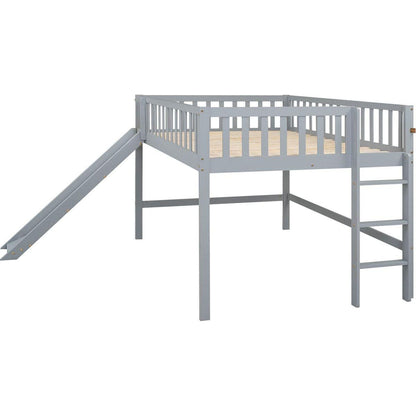 Full Size Low Loft Bed with Ladder and Slide,Gray