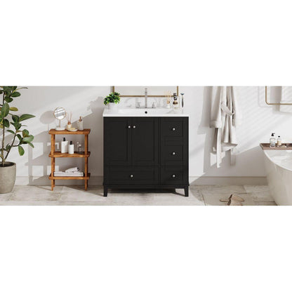 36 Inch Modern Bathroom Vanity with USB Charging, Two Doors and Three Drawers Bathroom Storage Vanity Cabinet, Small Bathroom Vanity cabinet with single sink, Black - Faucets Not Included