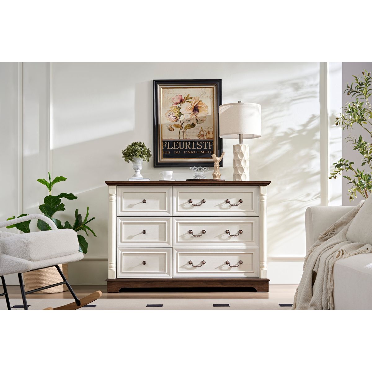 Farmhouse Style 6 Drawer Dresser Chest with Base Wooden Rustic Chest of Drawers, Storage Dresser Organizer for Bedroom, Living Room, Beautiful Sturdy and Durable