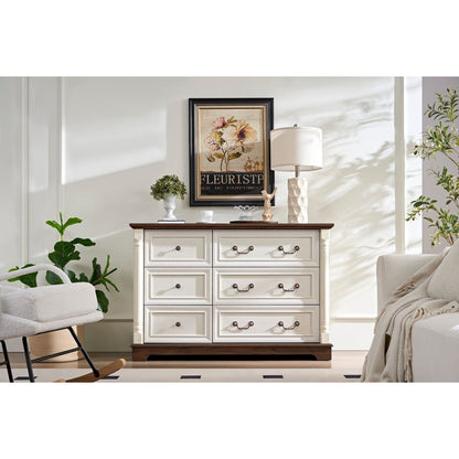 Farmhouse Style 6 Drawer Dresser Chest with Base Wooden Rustic Chest of Drawers, Storage Dresser Organizer for Bedroom, Living Room, Beautiful Sturdy and Durable