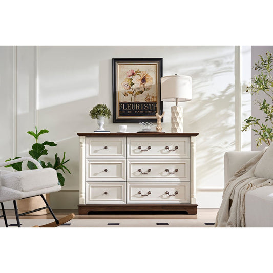 Farmhouse Style 6 Drawer Dresser Chest with Base Wooden Rustic Chest of Drawers, Storage Dresser Organizer for Bedroom, Living Room, Beautiful Sturdy and Durable