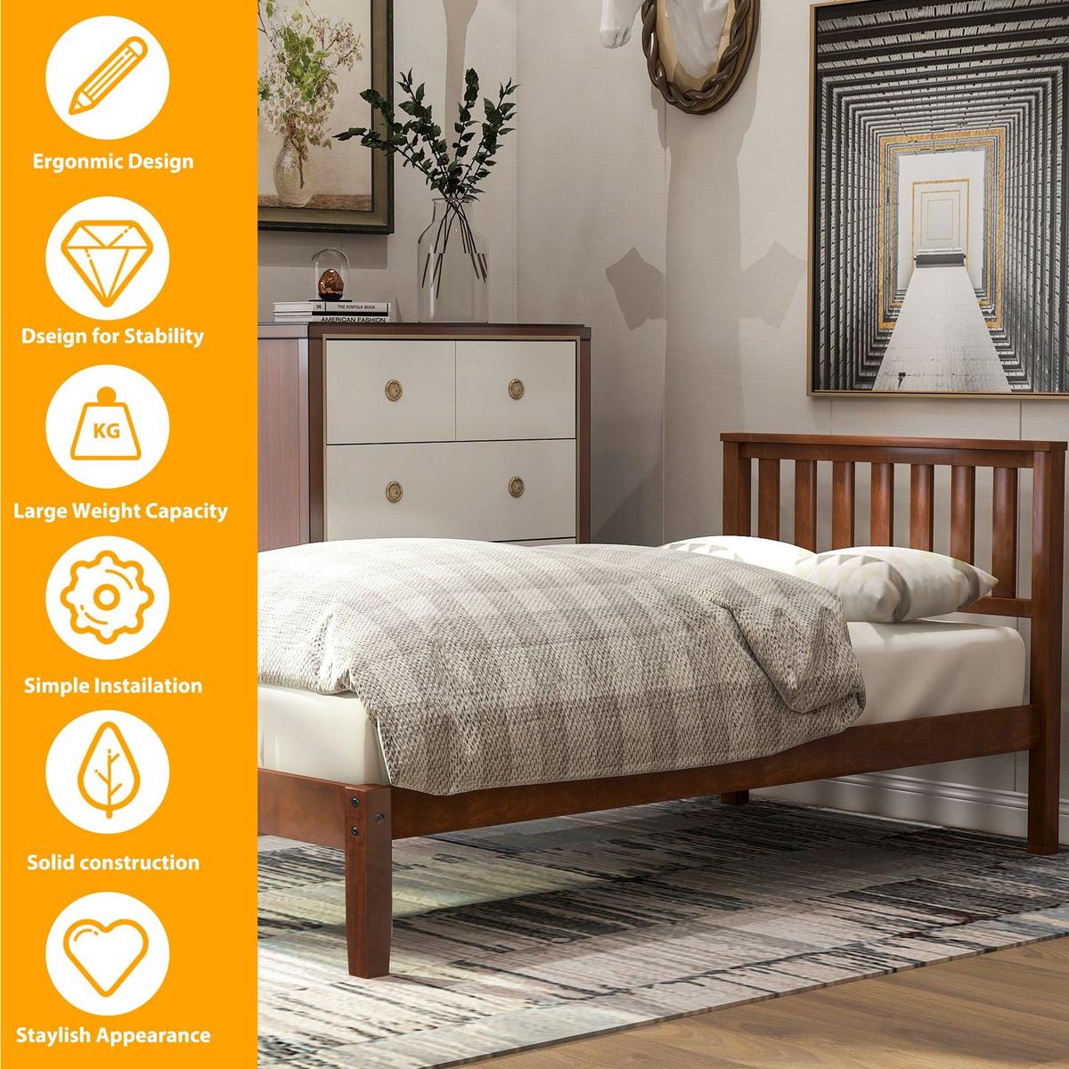 Wood Platform Bed with Headboard/Wood Slat Support Twin (Walnut)