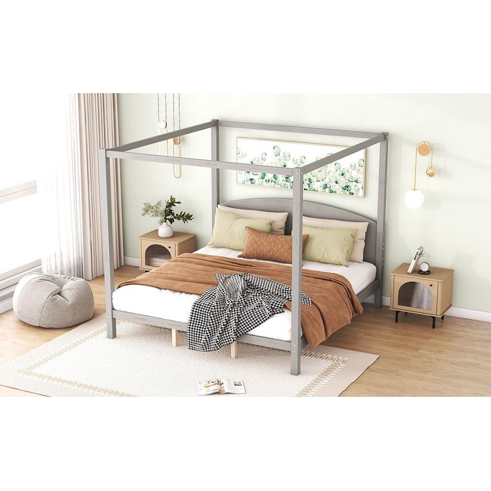 King Size Canopy Platform Bed with Headboard and Support Legs, Grey Wash