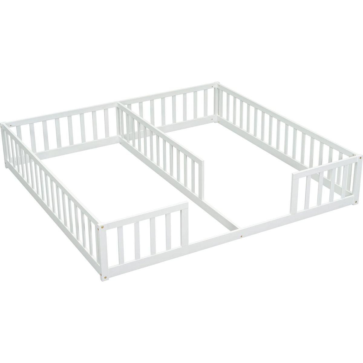 Double Twin Floor Bed with Fence, Guardrails, without door, White