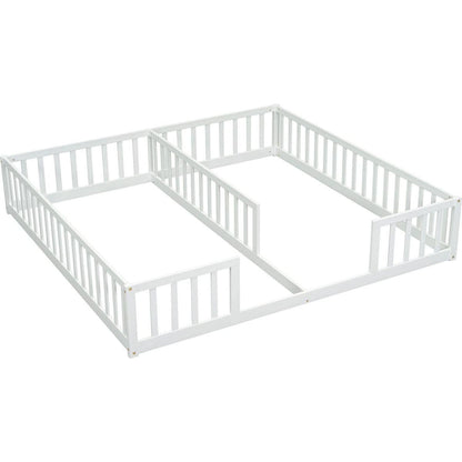 Double Twin Floor Bed with Fence, Guardrails, without door, White