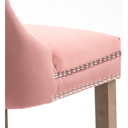 Upholstered Button Tufted Back Pink Velvet Dining Chair with Nailhead Trim and Solid Wood Legs 2 Sets