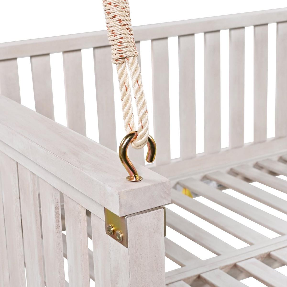 Patio Minimalist Twin Size Garden Swing Bed Wood Porch Swing with Ropes for Backyard, Safe Sloped Design, White