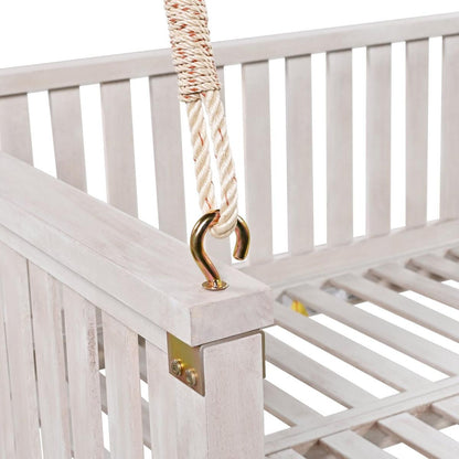 Patio Minimalist Twin Size Garden Swing Bed Wood Porch Swing with Ropes for Backyard, Safe Sloped Design, White