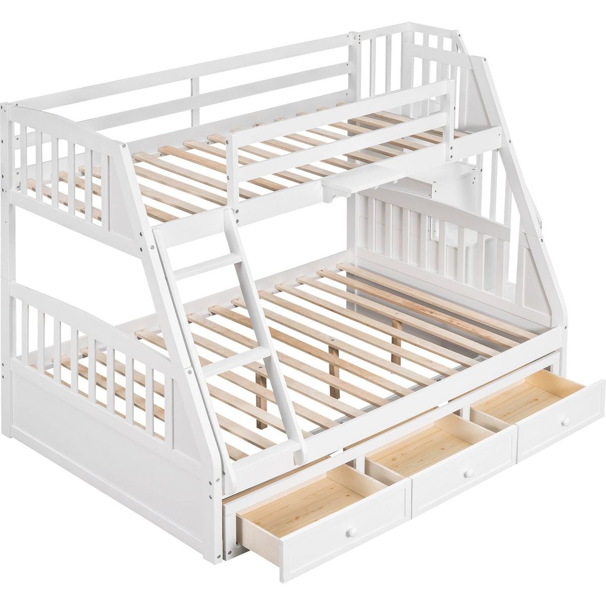 Twin-Over-Full Bunk Bed with Drawers氓Ladder and Storage Staircase, White