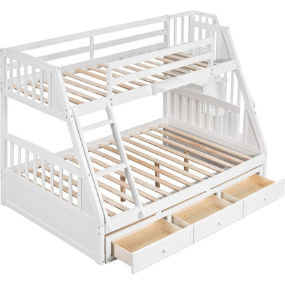 Twin-Over-Full Bunk Bed with Drawers氓Ladder and Storage Staircase, White