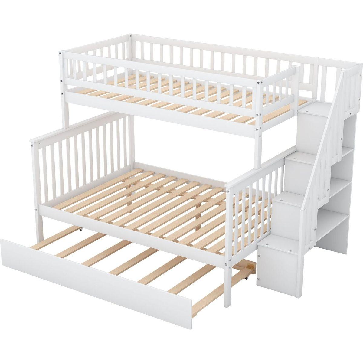 Twin over Full Bunk Bed with Trundle and Staircase,White