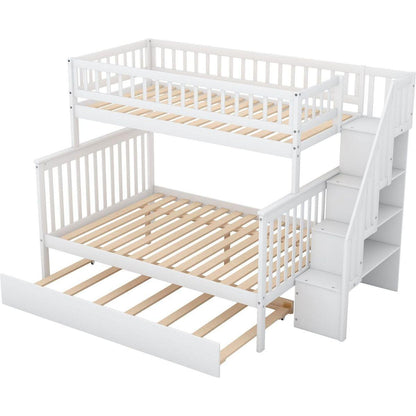Twin over Full Bunk Bed with Trundle and Staircase,White