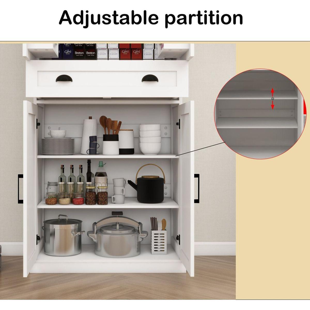71" Kitchen Pantry Storage Cabinet with 4 Doors(2Doors with Racks),1 Drawer, 2 Adjustable Shelves, Freestanding Cupboard for Kitchen, Dining Room and Living Room-White