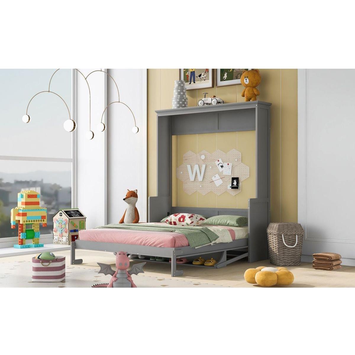 Queen Size Murphy Bed with a Shelf, Gray